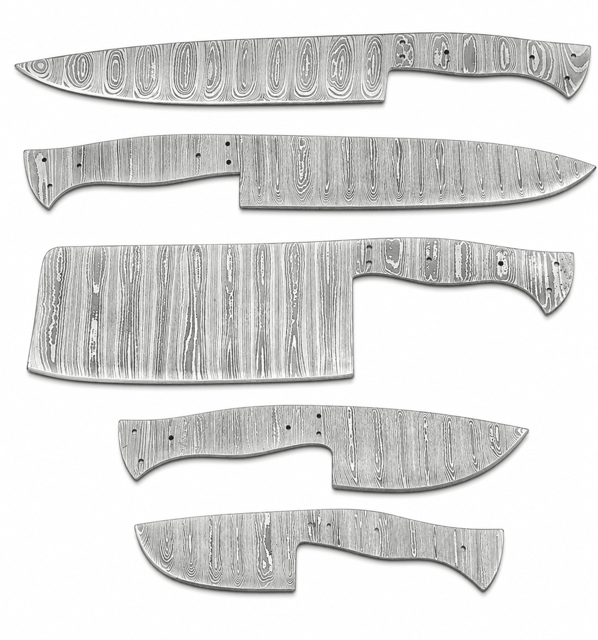 Damascus steel knife blanks in chef, cleaver and utility shapes