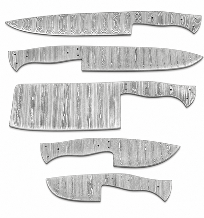 Damascus steel knife blanks in chef, cleaver and utility shapes