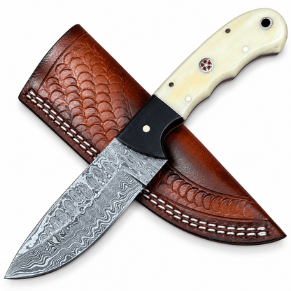 Damascus steel knife with bone handle and drop point blade
