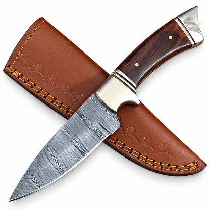 Damascus steel skinner knife with drop point blade and wood handle
