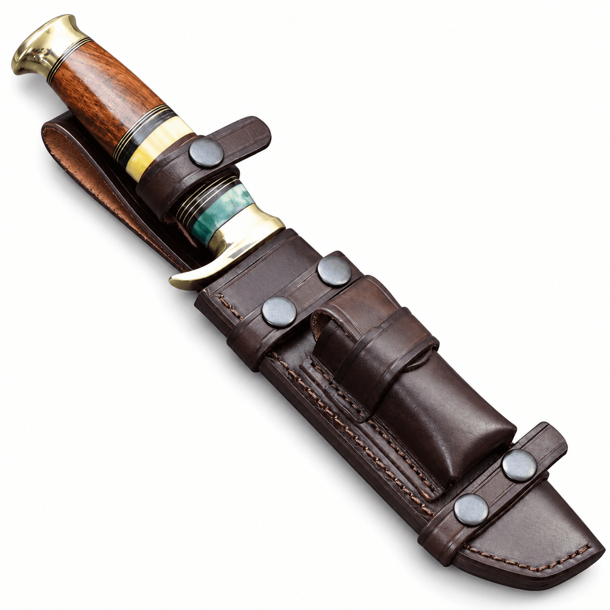 Dark brown leather sheath with snap straps and raised side pocket