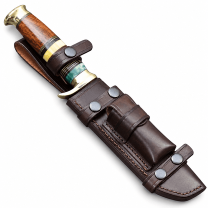 Dark brown leather sheath with snap straps and raised side pocket