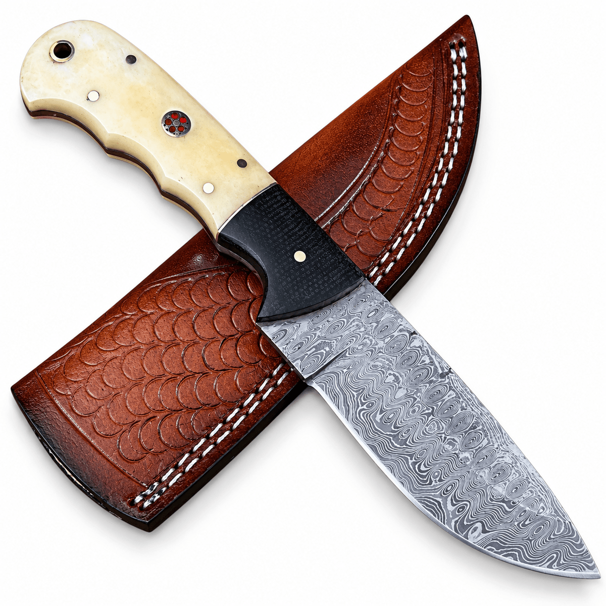 Drop point hunter knife with camel bone handle, finger grooves and mosaic pin