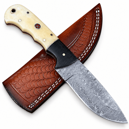 Drop point hunter knife with camel bone handle, finger grooves and mosaic pin