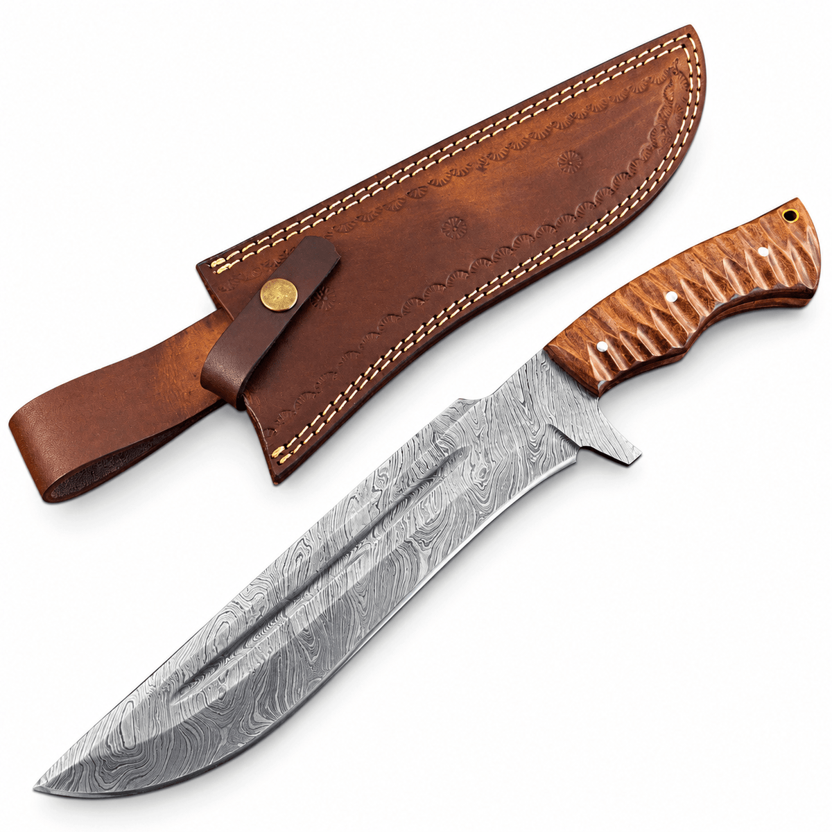 Large 10 inch Damascus steel blade with layered pattern and fuller groove
