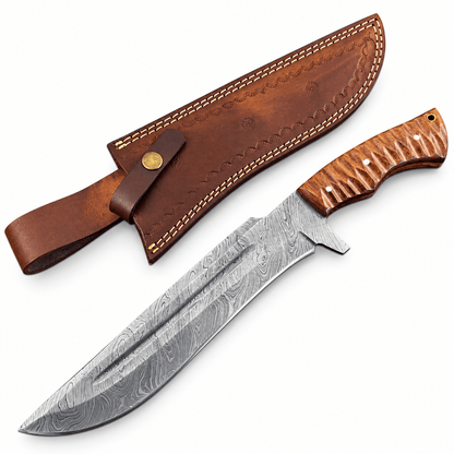 Large 10 inch Damascus steel blade with layered pattern and fuller groove
