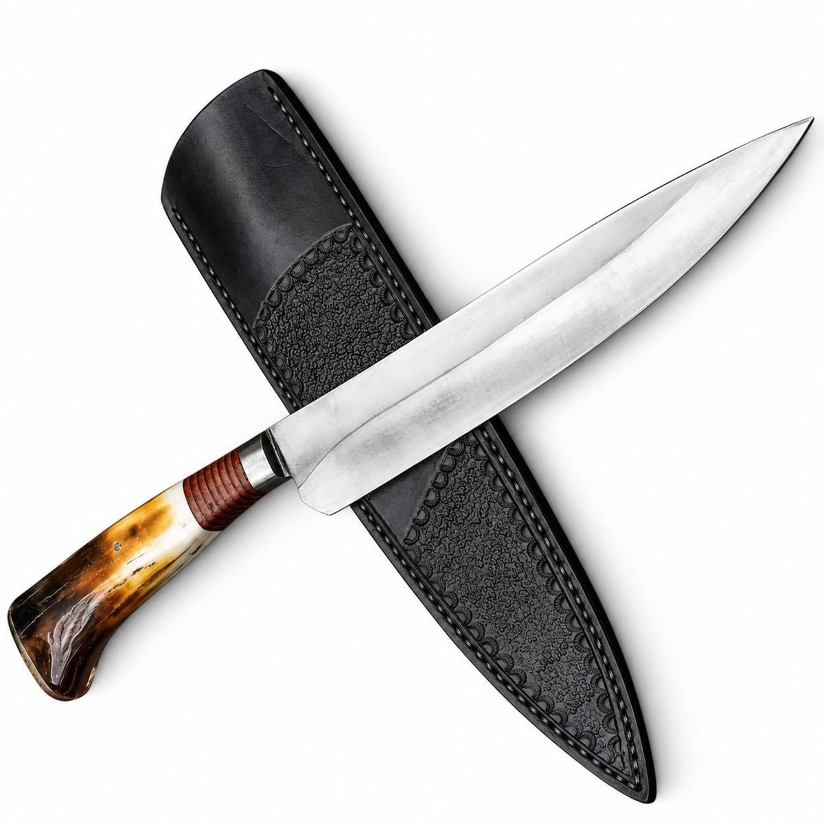 Long 1095 high carbon steel blade of a 16-inch hunting knife
