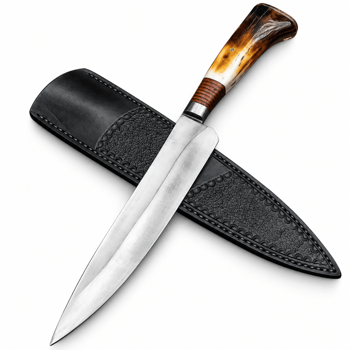 Handmade hunting knife with 10-inch 1095 carbon steel blade and stag handle
