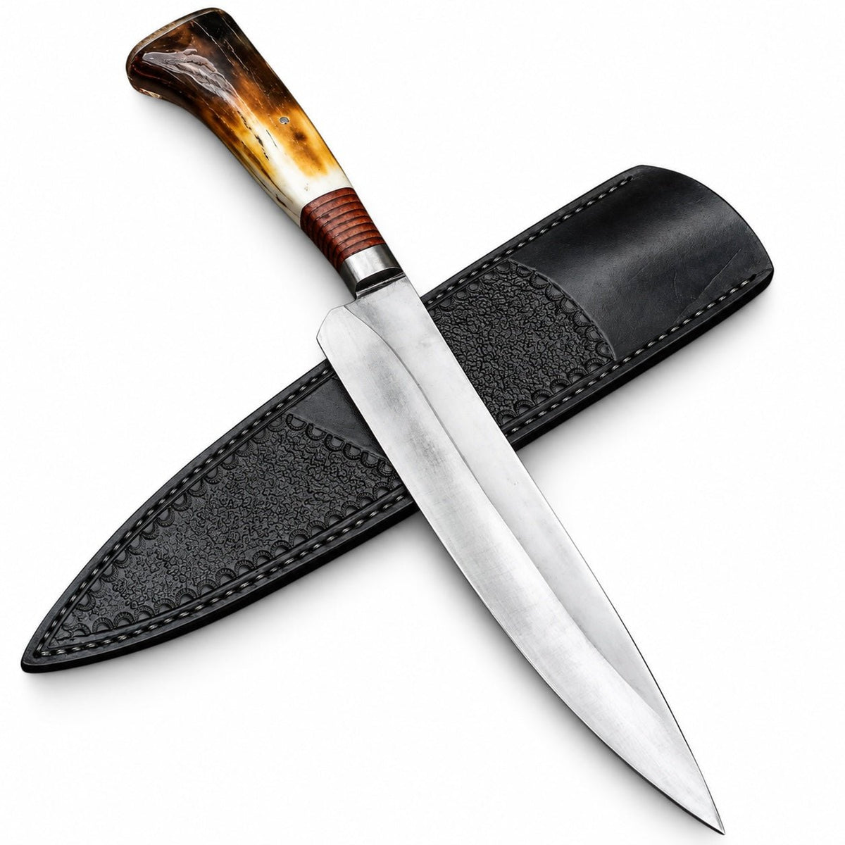 Natural stag horn handle on a handmade carbon steel hunting knife
