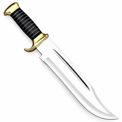 Brown basket-weave leather sheath with snap strap and belt loop beside the Bowie knife