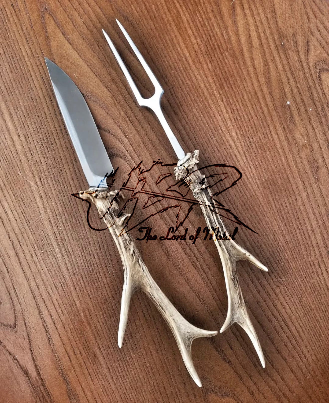 Handmade Antler Handle Knife & Fork Set | Deer Horn Carving Cutlery Unique Blades Runner