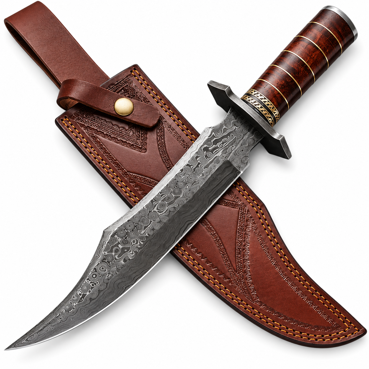 Damascus Steel Bowie Knife with Rose Wood Handle and Sheath Unique Blades Runner