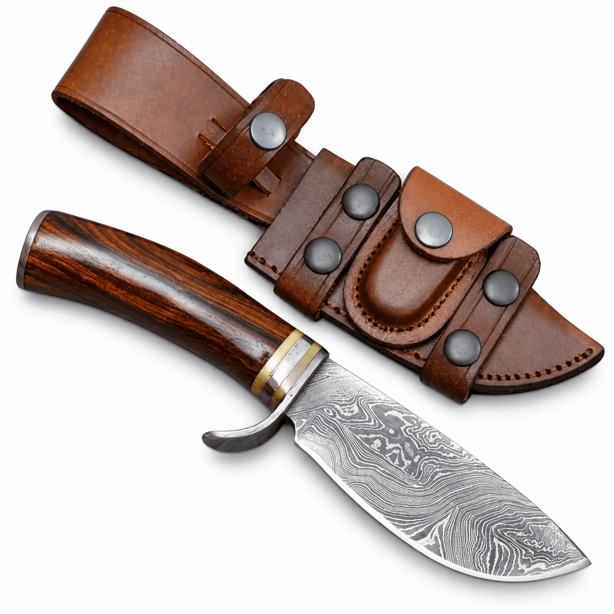 Small Damascus Bowie knife with 5-inch blade and wood handle
