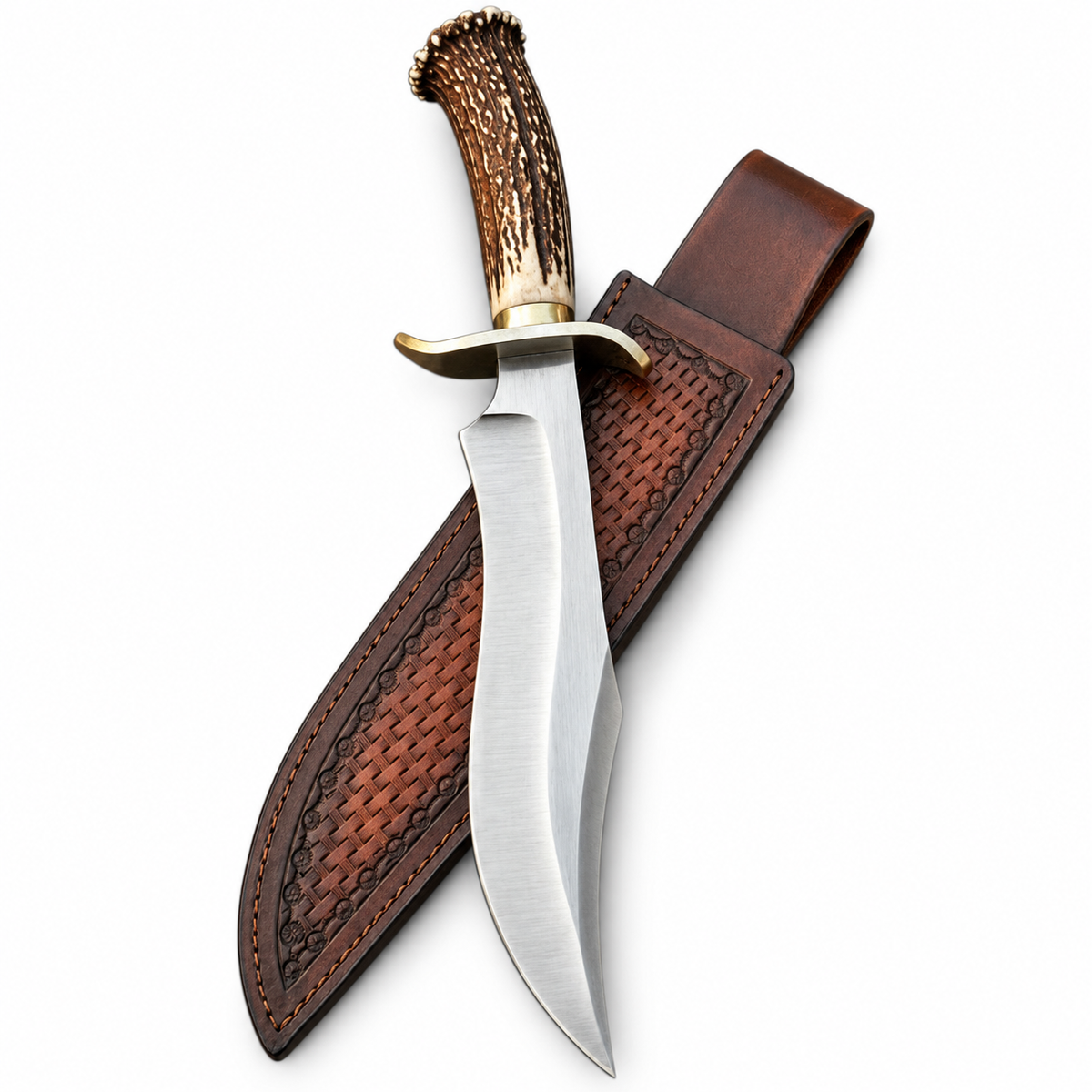 Large clip point Bowie with brass S-guard and crowned stag horn grip
