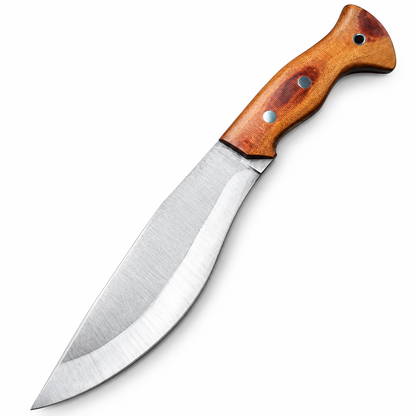 13 inch camping knife with Micarta handle shown beside its leather sheath
