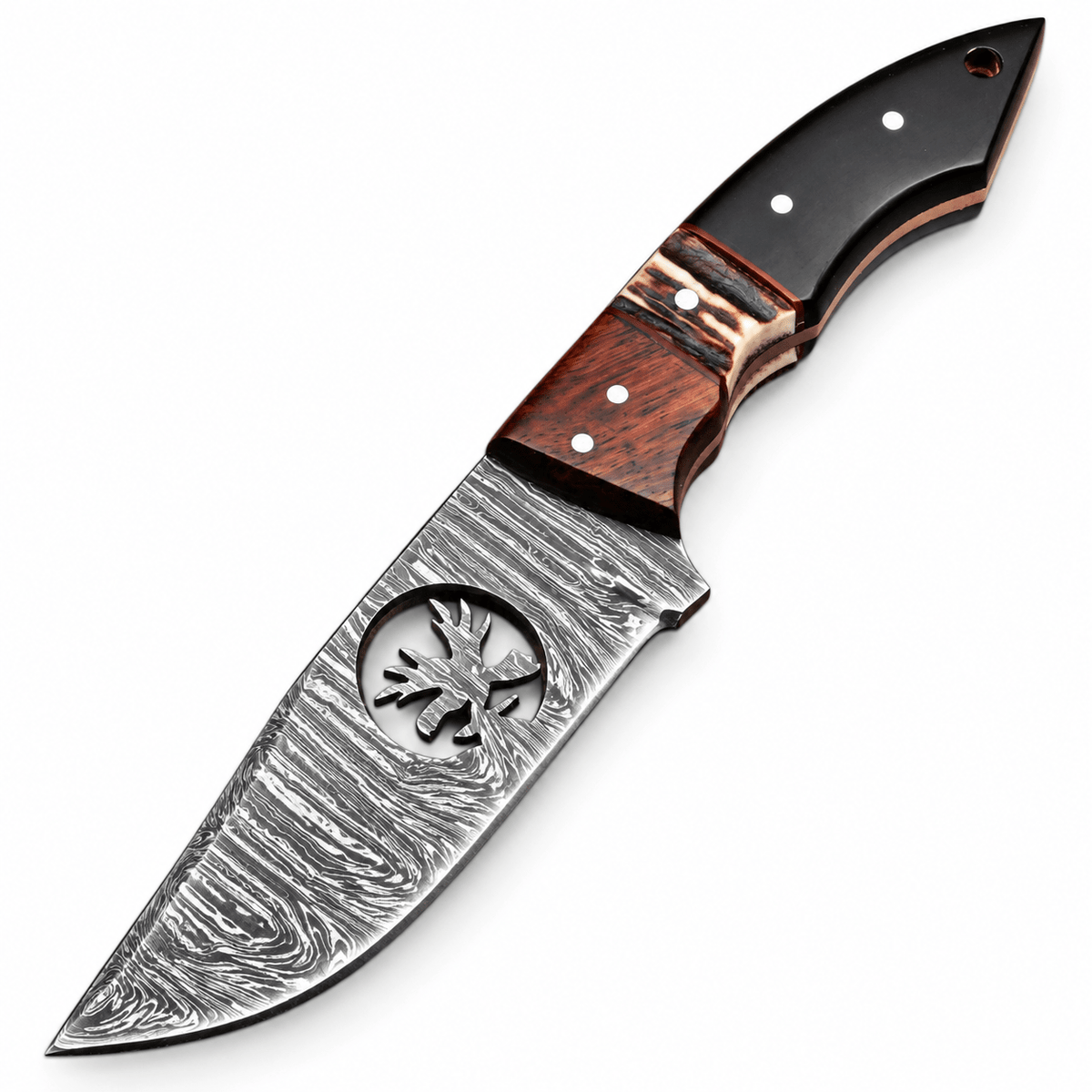 Black micarta, stag horn and wood handle with white pins and lanyard hole
