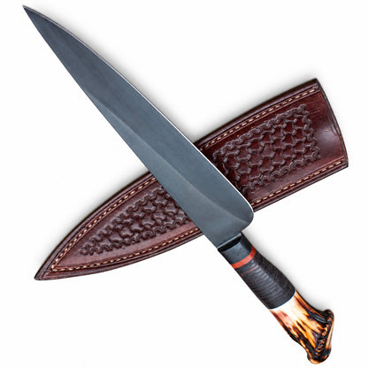 Natural deer antler handle on a large handmade fixed blade knife
