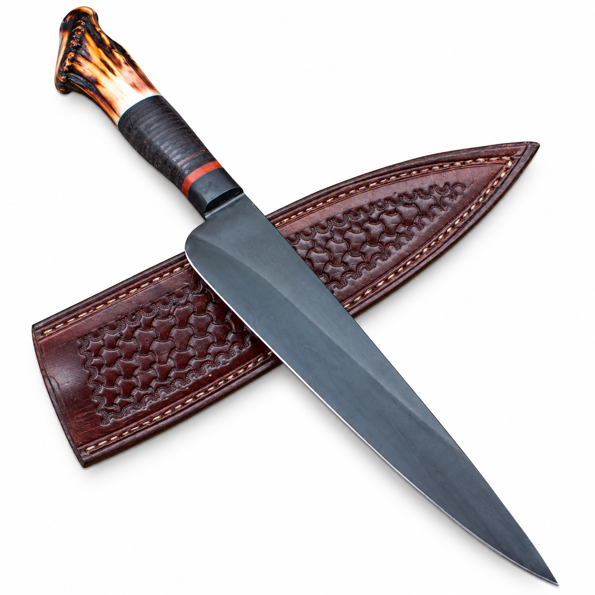 Handmade 18 inch hunting knife with 1095 steel blade and deer antler handle
