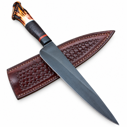 Handmade 18 inch hunting knife with 1095 steel blade and deer antler handle
