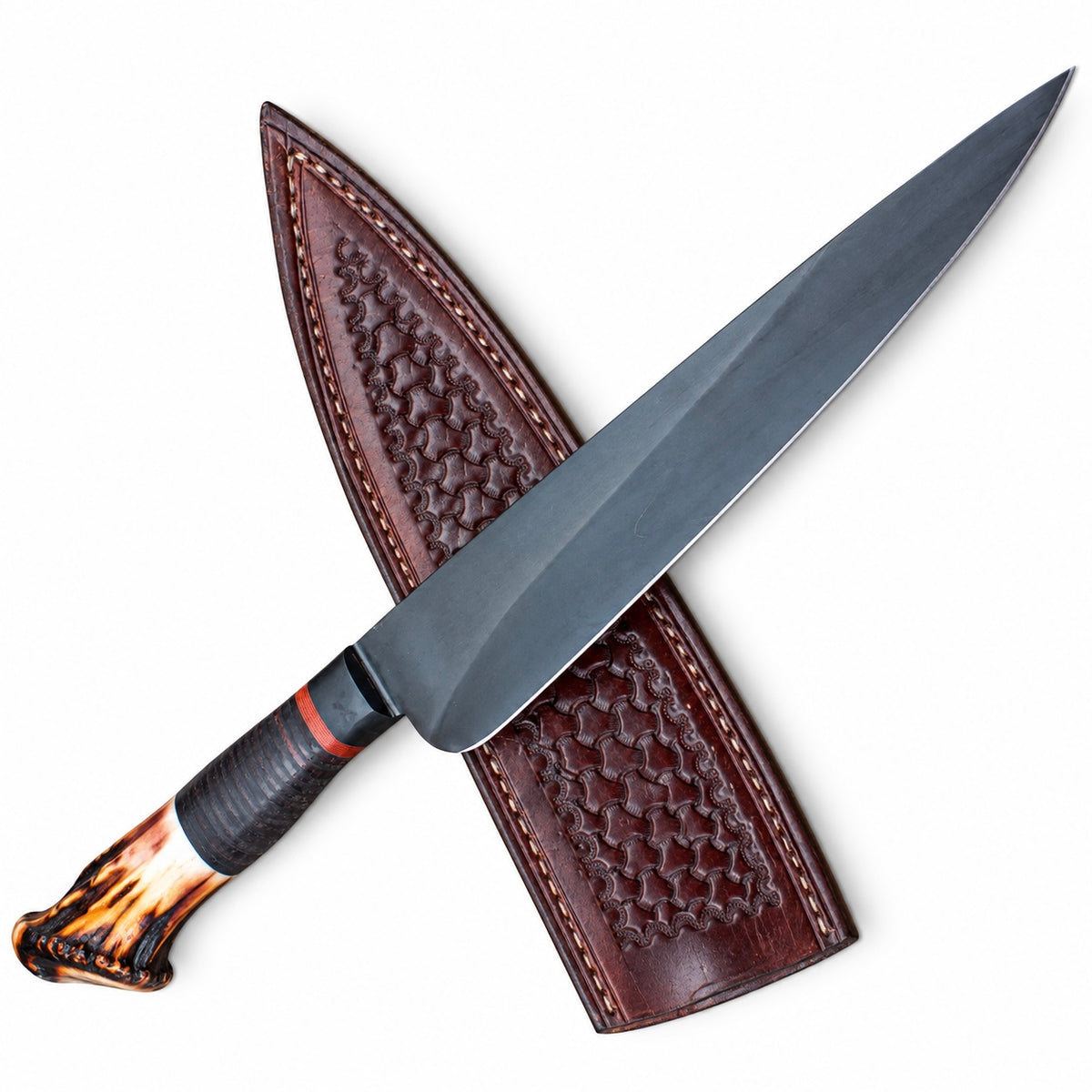 Long 12-inch 1095 high carbon steel fixed blade on a hunting knife
