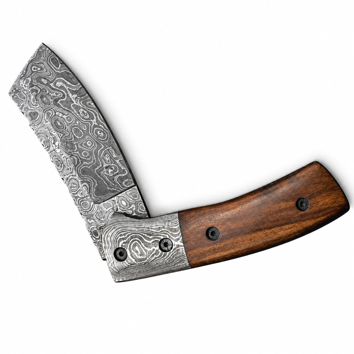 Damascus bolster with two pins above a curved wood handle on a folding knife
