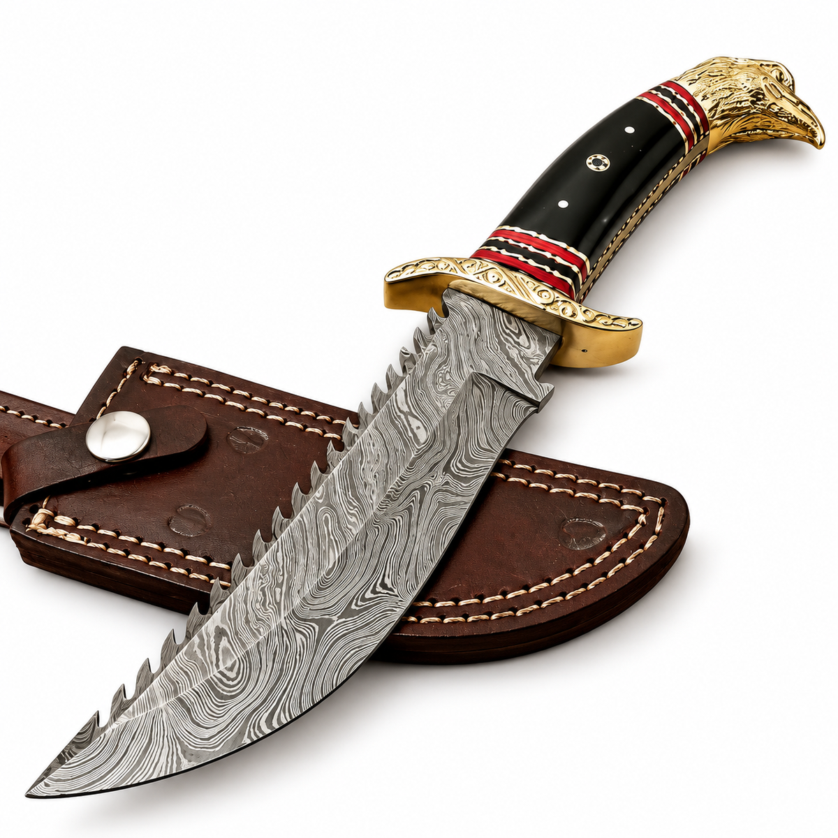 Premium handcrafted Damascus Bowie knife with brass eagle head pommel