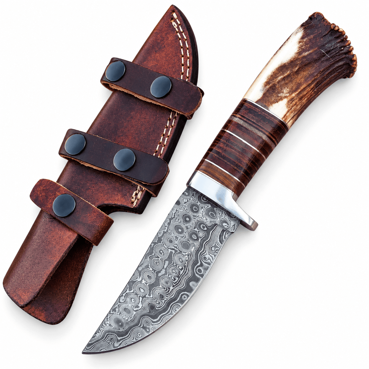 Stag antler skinning knife with Damascus drop point blade and brown leather sheath
