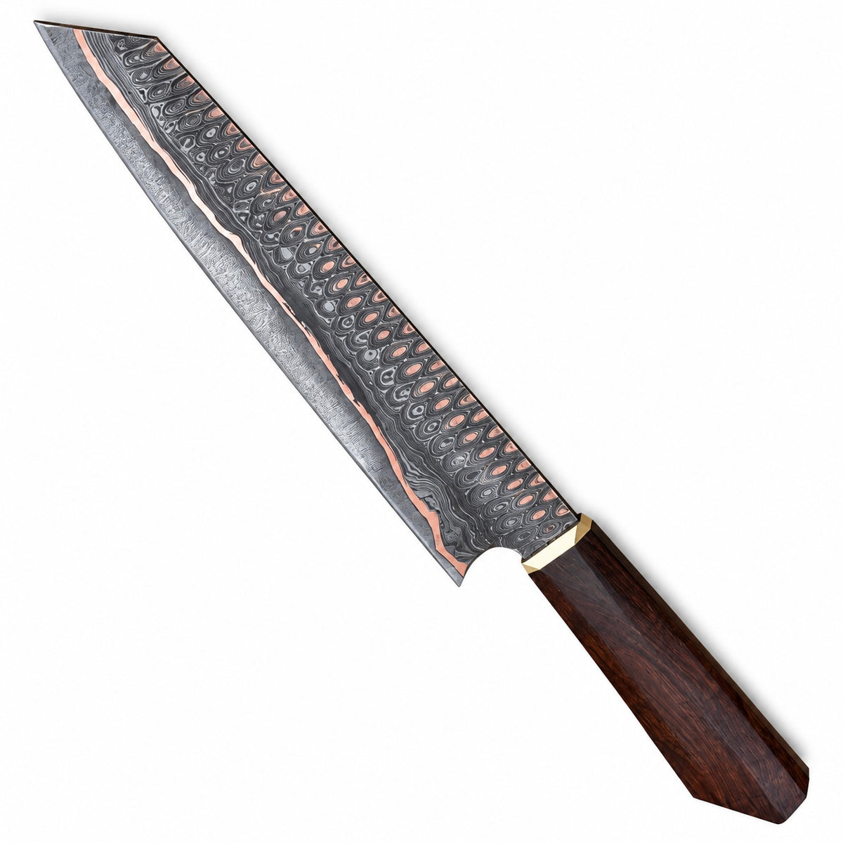 Copper Damascus chef knife with 7-inch kiritsuke blade and octagonal wood handle
