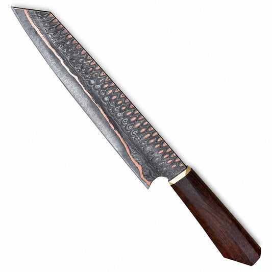 Copper Damascus chef knife with 7-inch kiritsuke blade and octagonal wood handle
