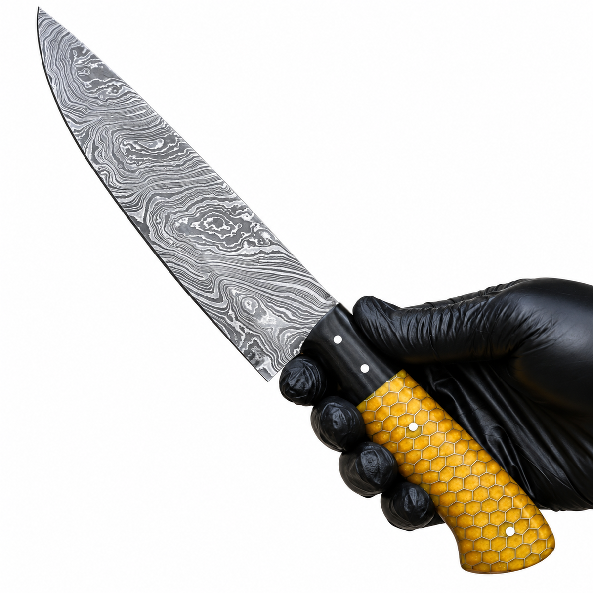 Resin handle with hexagon texture and pins on handmade Damascus chef knife