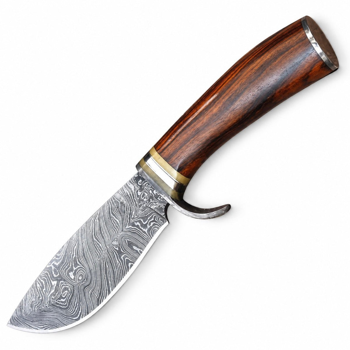 Wood handle of a 9-inch Damascus Bowie fixed blade knife
