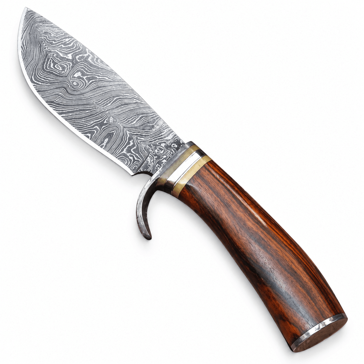 Close view of the layered Damascus pattern on a small Bowie blade

