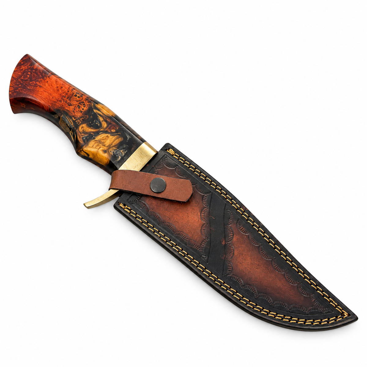 Copper Damascus Bowie Knife – Handmade, Resin Handle, Leather Sheath