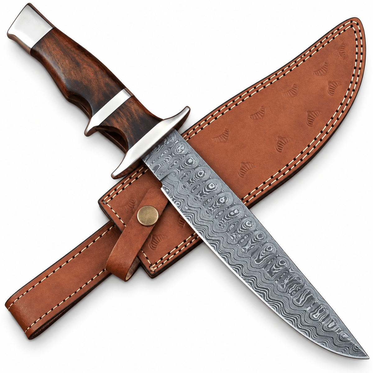 Blade: Layered pattern on the 8-inch forged Damascus steel blade