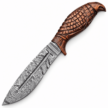 Feather-style Damascus steel blade with central groove and angled notches
