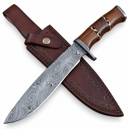 Fixed blade Bowie knife with 8 inch Damascus steel blade and wood handle
