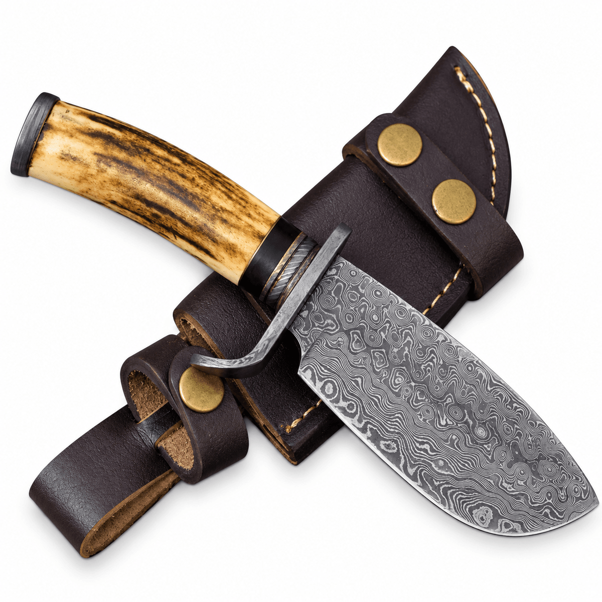Fixed blade hunting knife with 4 inch Damascus blade, 8 inches overall
