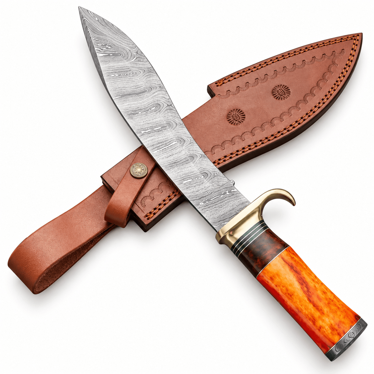 Gut hook hunting knife with Damascus steel blade and orange camel bone handle
