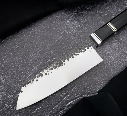 Handmade 7 inch kitchen knife with dimpled hammered finish and polished edge face
