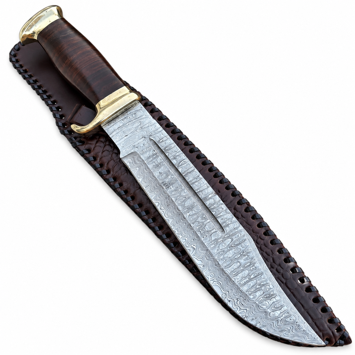 Handmade Australian Bowie knife with Damascus steel blade and stacked leather handle