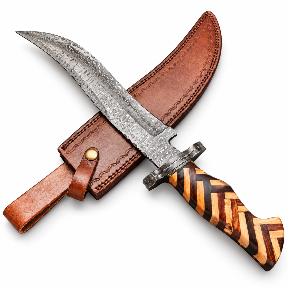 Handmade Damascus Bowie knife with layered steel pattern on a recurve blade
