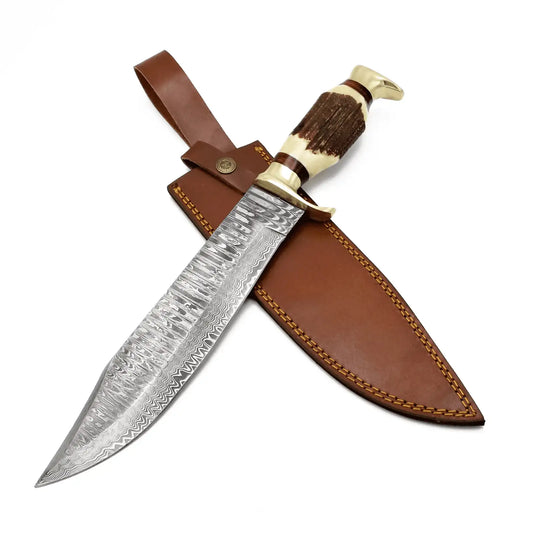 Handmade Damascus Steel Bowie Knife with Stag Horn Handle & Leather Sheath