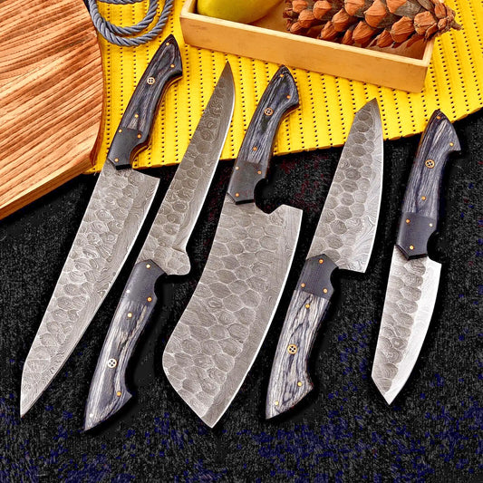 Handmade Damascus Steel Chef Knife Set with Black Wood Handle – Full Tang
