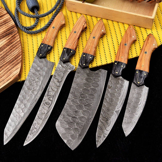 Handmade Damascus Steel Chef Knife Set with Olive Wood Handle – Full Tang
