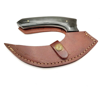 Handmade Damascus ulu knife with its leather sheath