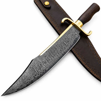 Handmade James Bowie knife with patterned Damascus steel blade and wood handle