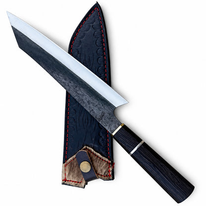 Handmade chef knife with dark textured blade and octagonal wood handle
