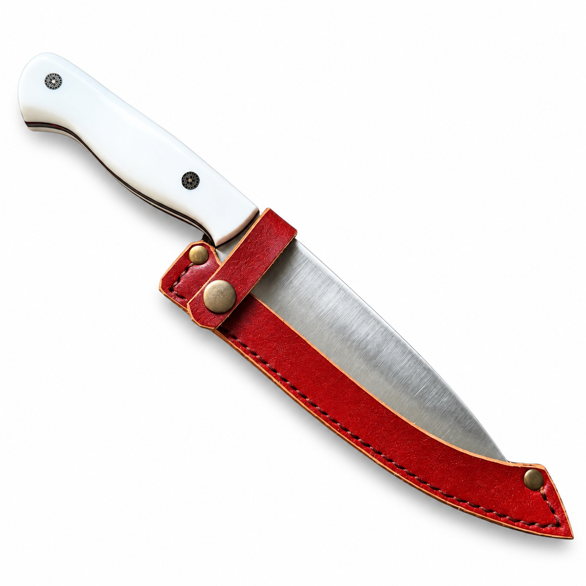 Handmade chef knife with satin blade and contoured white handle with two pins
