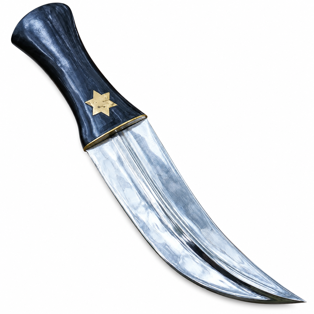 Handmade jambiya knife with curved polished blade and black waisted handle