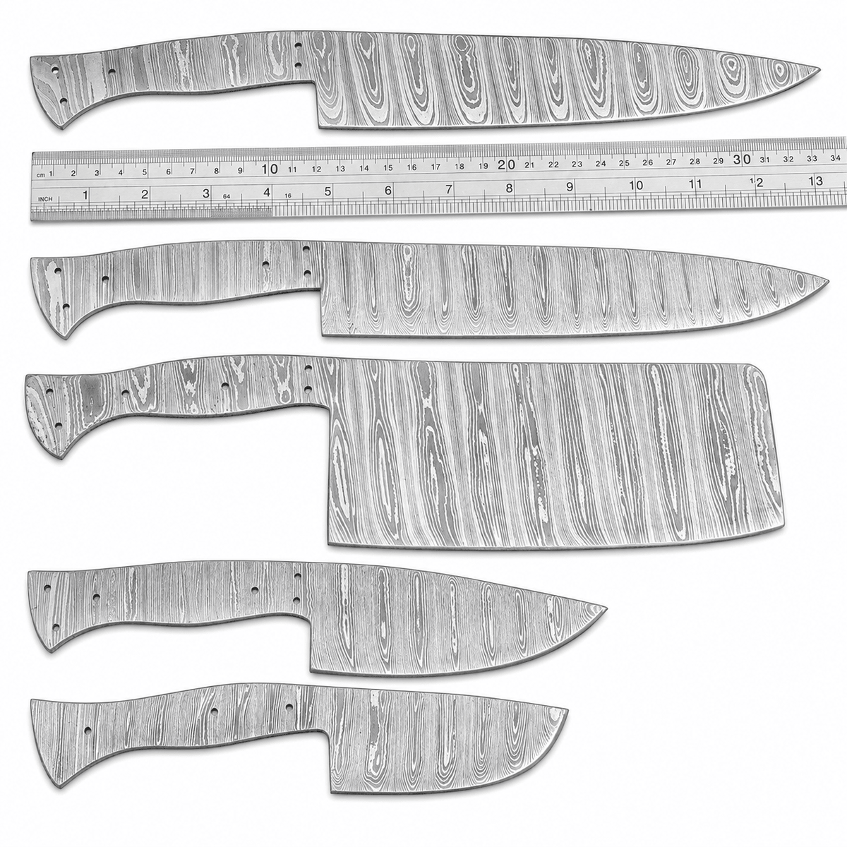 Heat treated Damascus chef knife blank with layered pattern